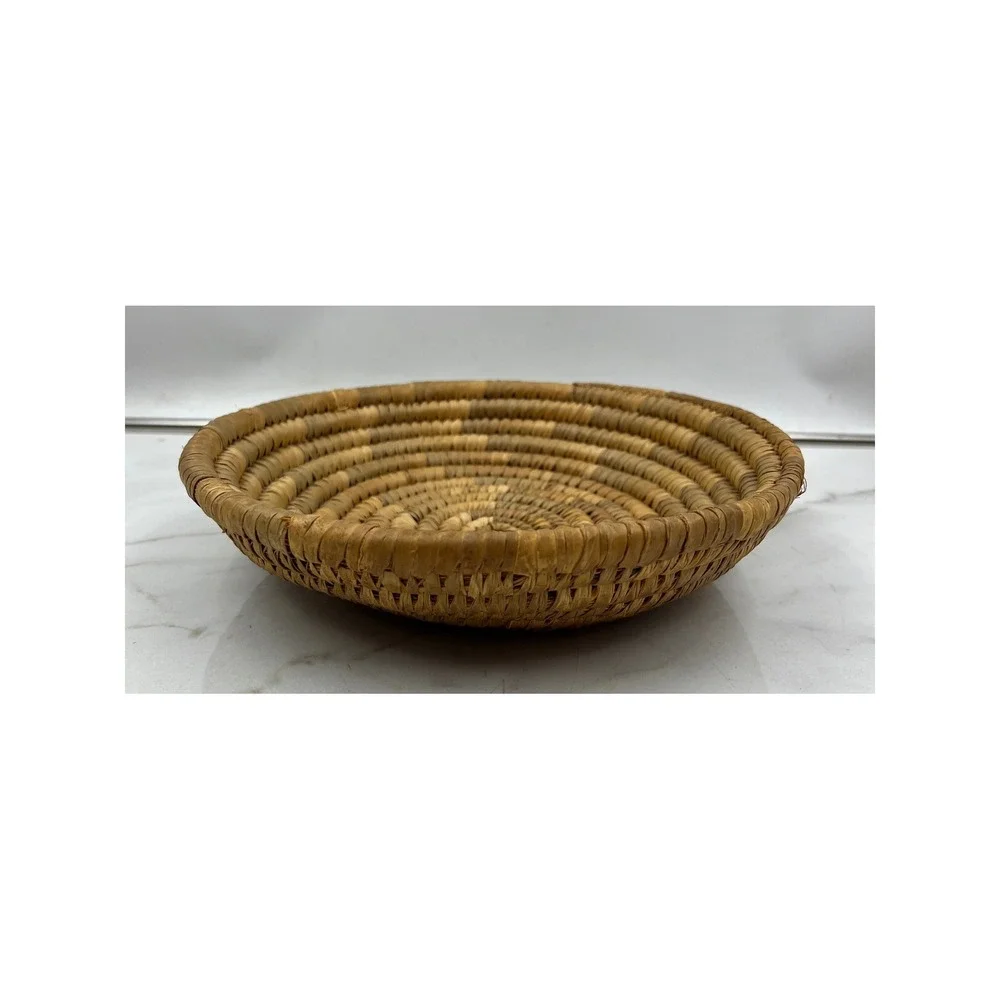 Vintage Hand Woven Coiled Basket Bowl Round Boho Decorative Tray 10.5 Inch